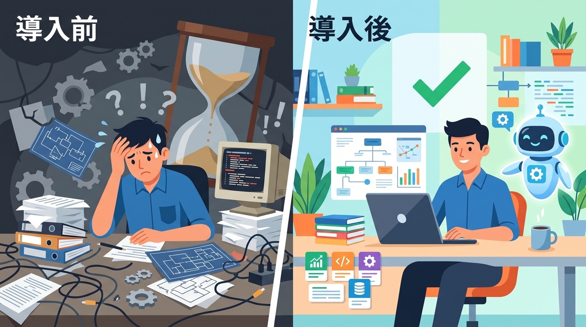 AI導入前と導入後のカスタマーサービス対応を比較したイラスト