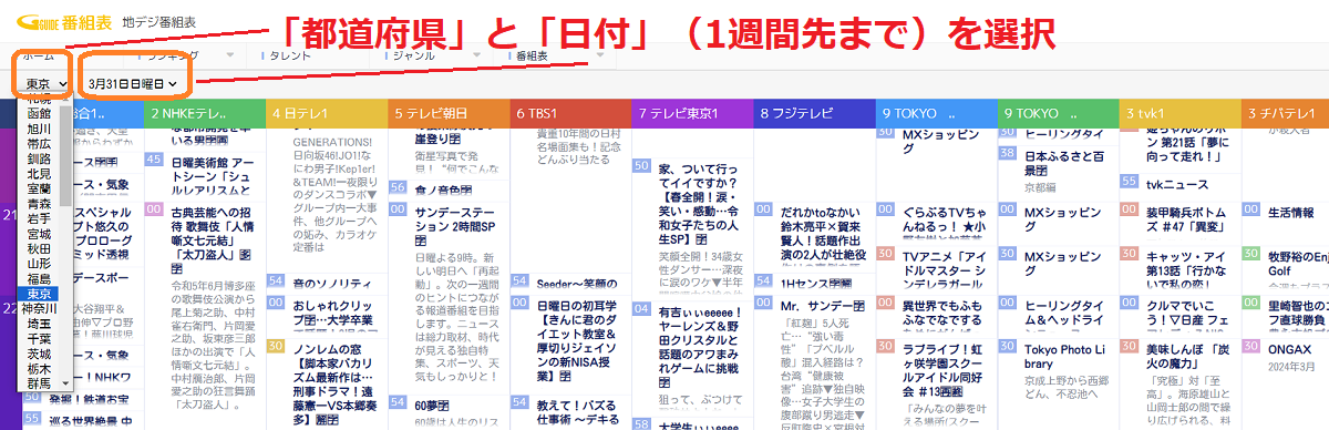 番組表Gガイド、都道府県、日付け、切り替え