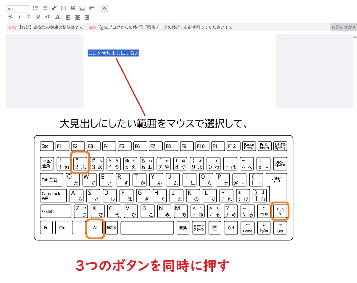 はてなブログ、h2タグ、ショートカットキー