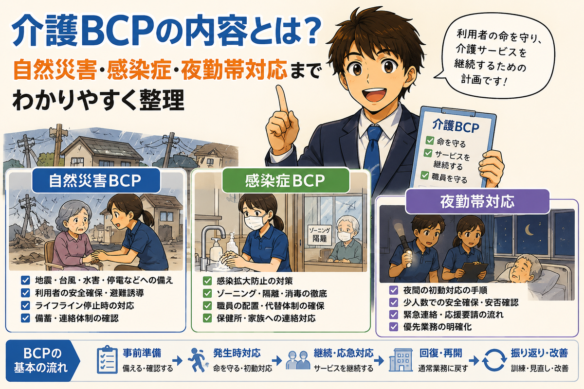 介護BCPの内容とは？ 自然災害・感染症・夜勤帯対応
