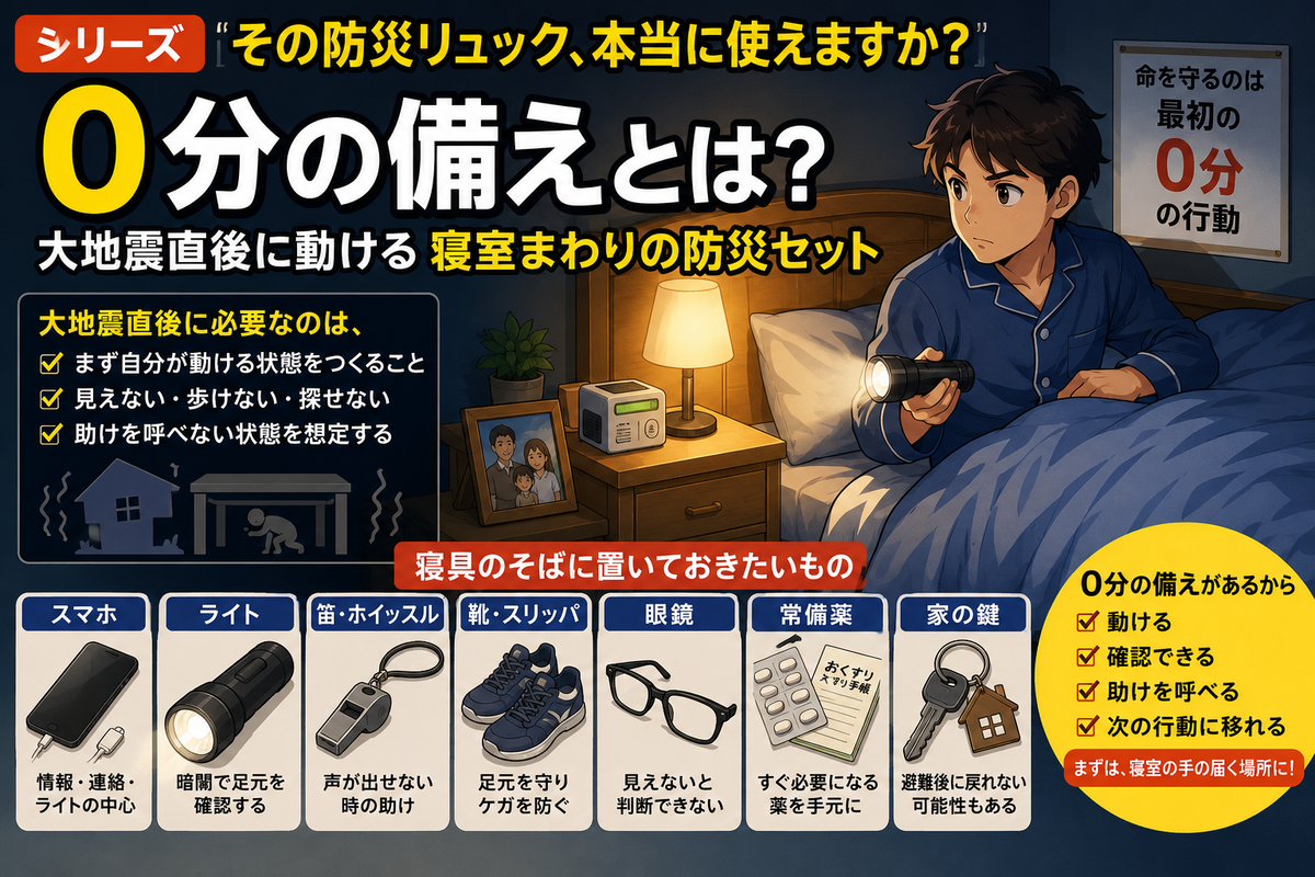 0分の備えとは?大地震直後に動ける寝室まわりの防災セット