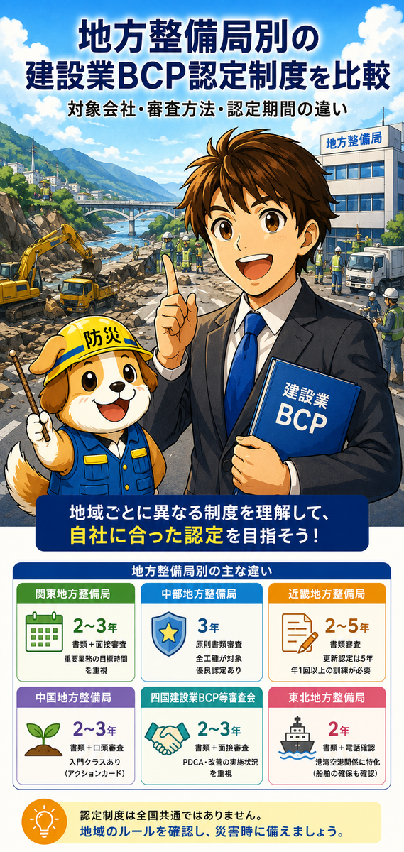 地方整備局別の建設業BCP認定制度を比較