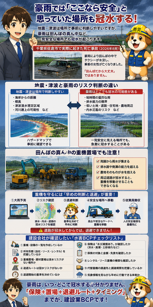 令和8年8月千葉豪雨災害にて、建設会社の重機、水害で保険は出る？