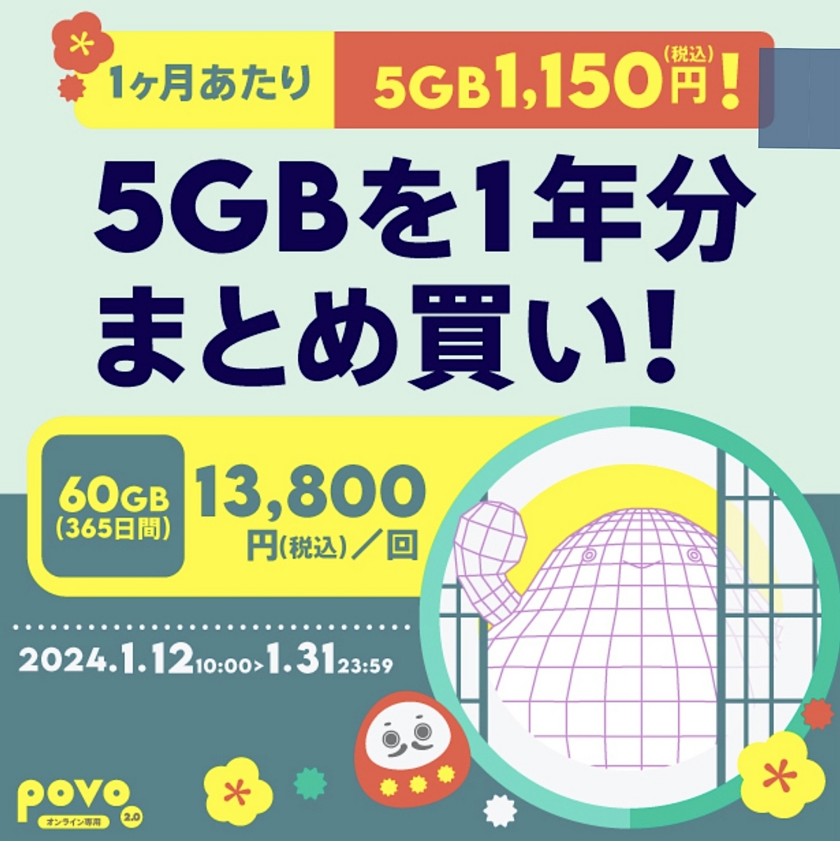 povo2.0で「60GB（365日間）／13,800円」の期間限定トッピング発動