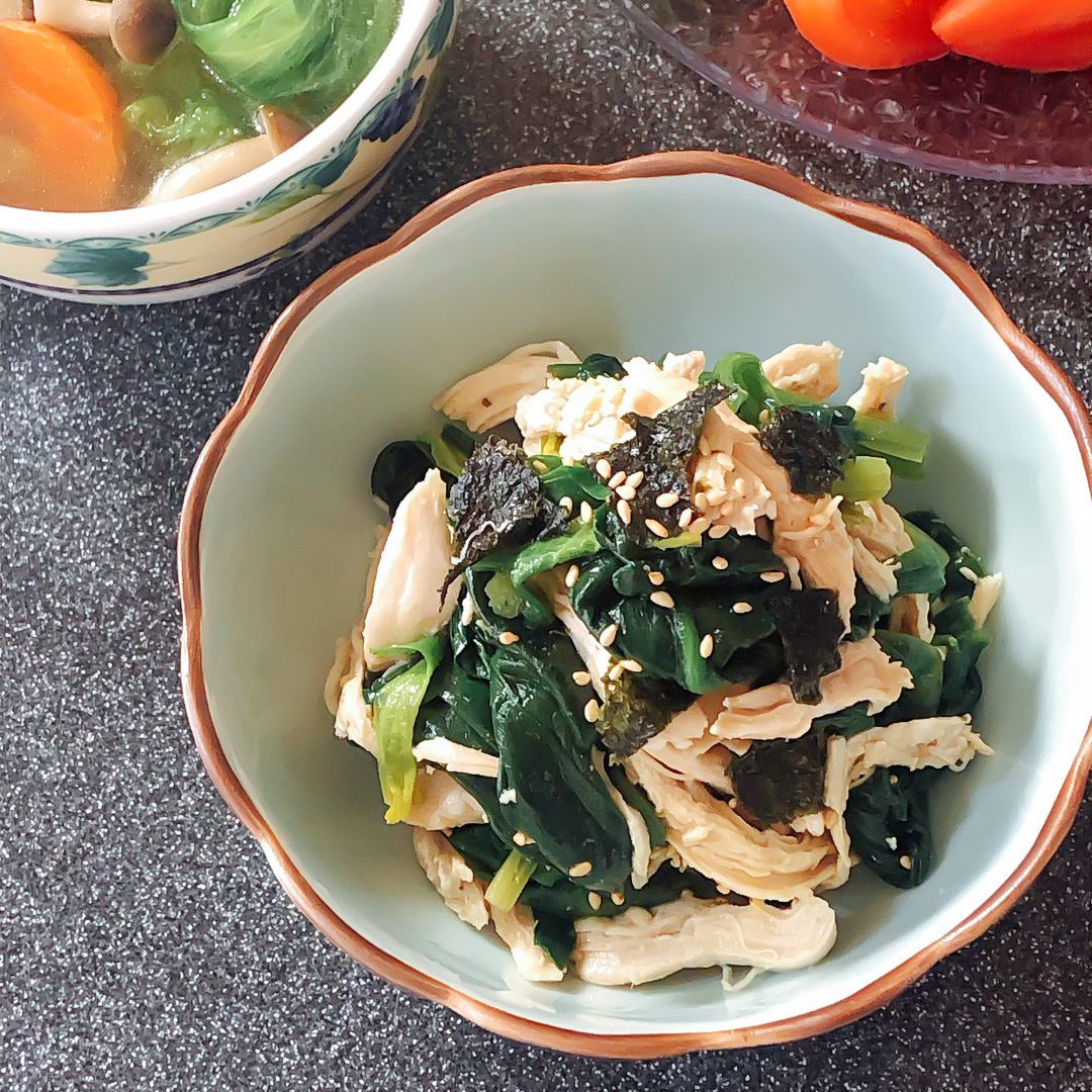 おつまみレシピ 蒸し鶏とほうれん草と韓国のりのナムル だししょうゆ を使った和風のおかず Minami 家族ごはんと暮らし