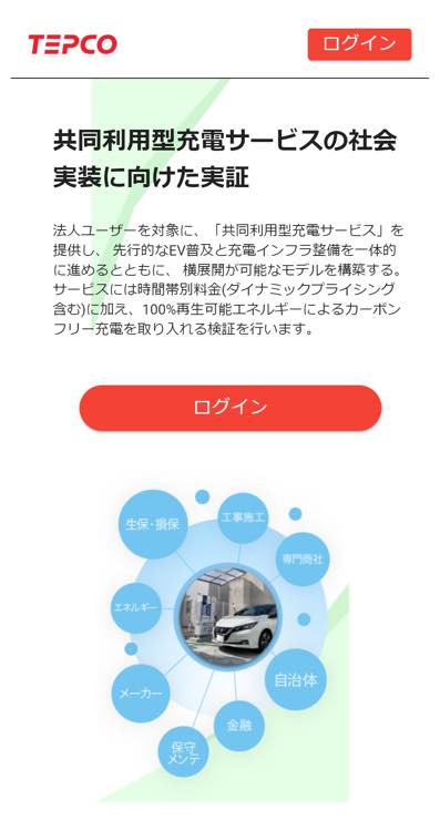 TEPCOアプリ画面「共同利用型充電サービス」実証