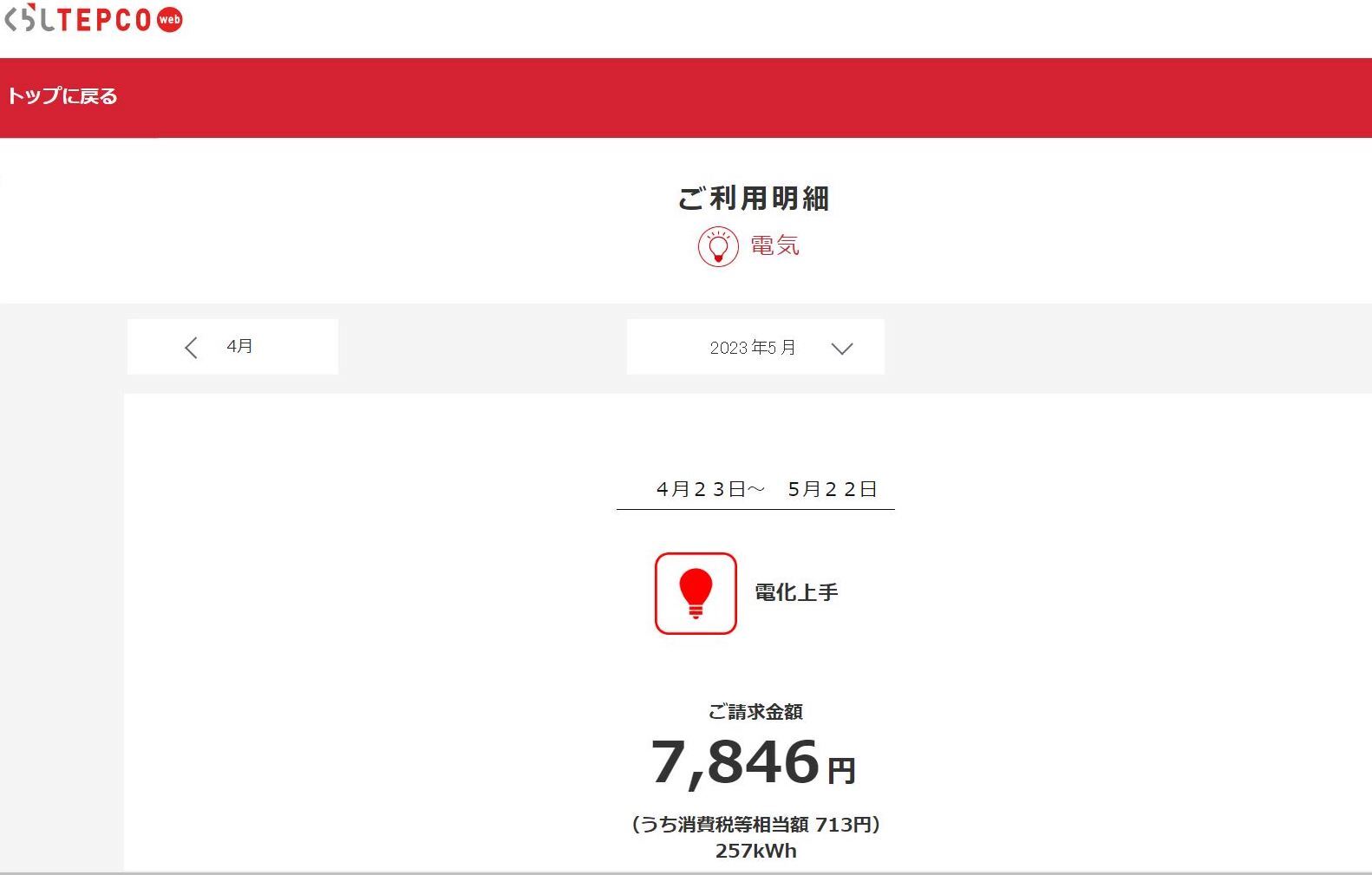 東京電力エナジーパートナーの会員サイト「くらしTEPCO web」で表示されるご利用明細の画面。「kWh（キロワットアワー）」という単位で示されます。