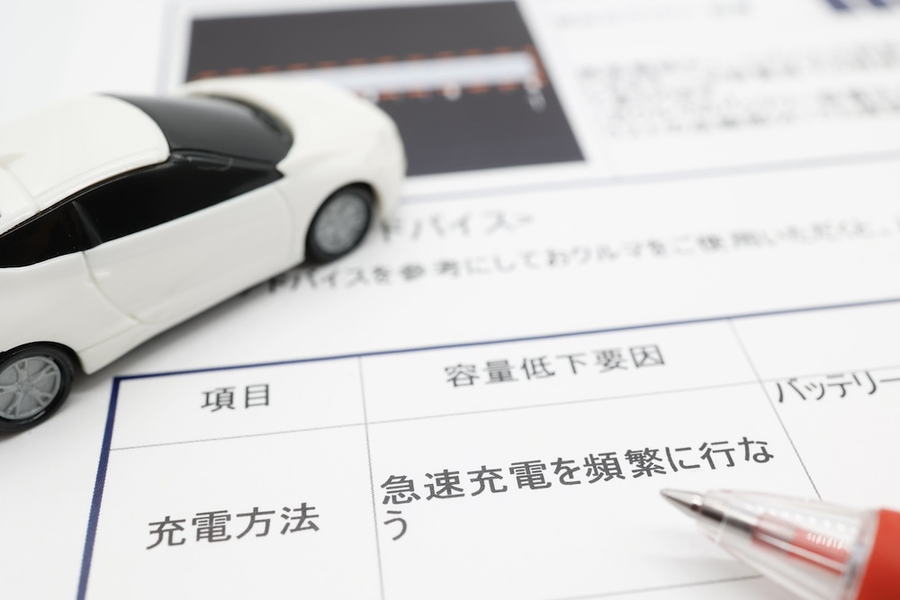 項目の書かれた紙の上に置かれた車の模型
