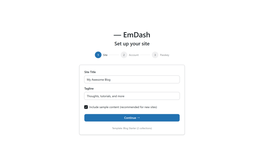 EmDash サイトのセットアップ画面