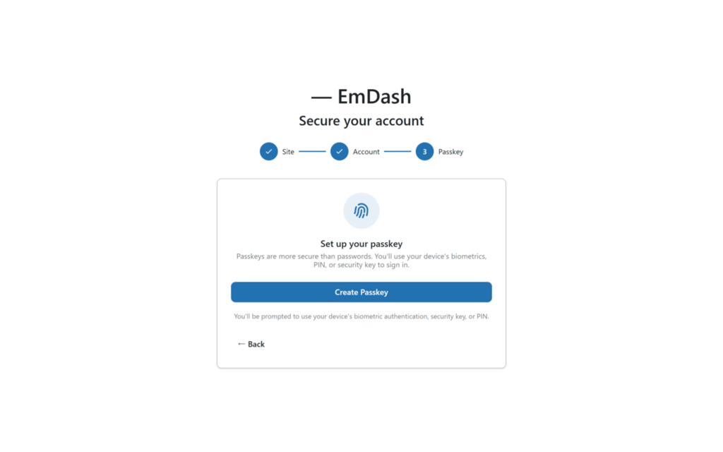 EmDash でパスキーの作成を求められた画面