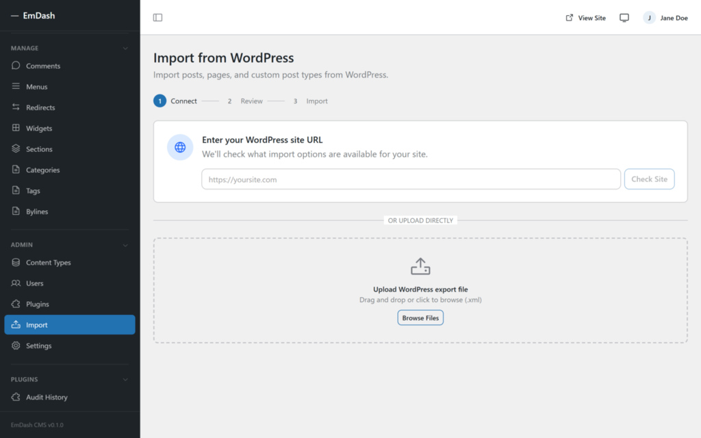 EmDash の WordPress インポート画面