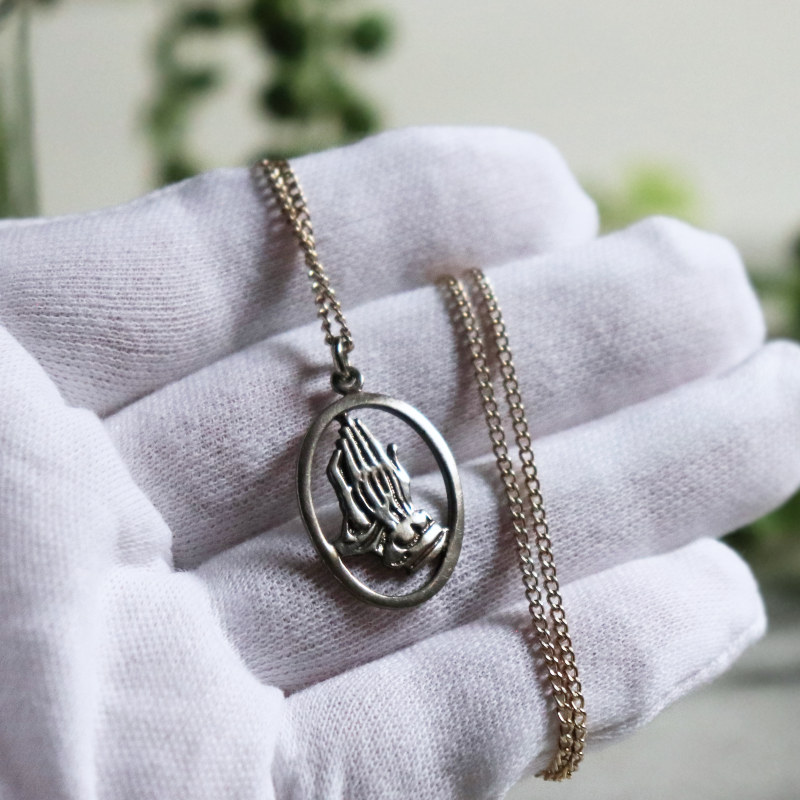 STERLING SILVER製USAヴィンテージPray Hands祈りの手・合掌ペンダントネックレス