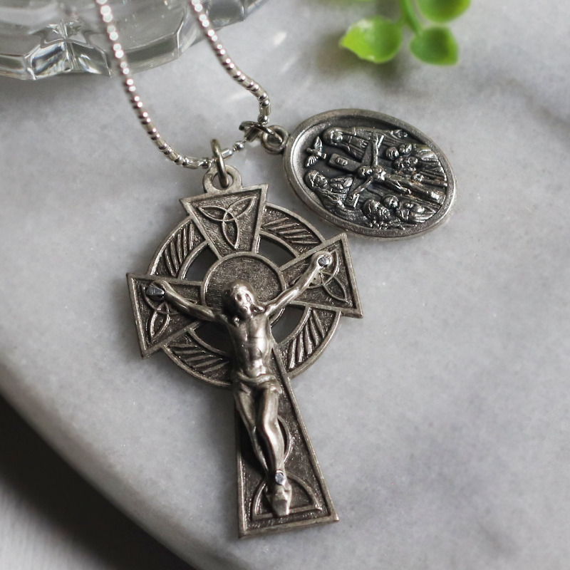 イタリアヴィンテージケルト十字架クロスネックレス・4wayメダイ・カトリック聖人