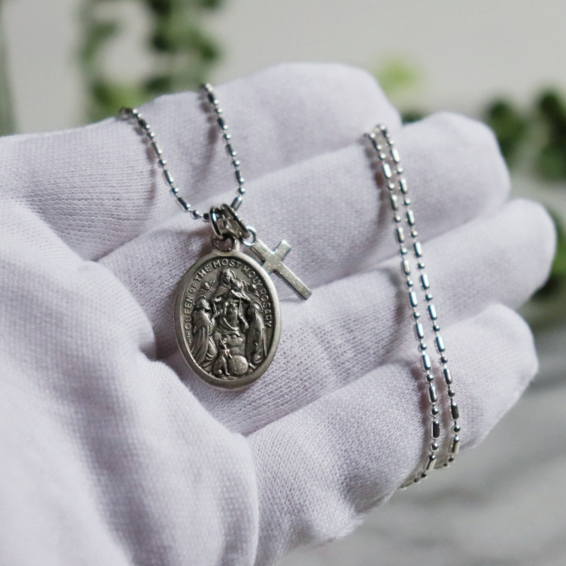 イタリアヴィンテージポンペイのロザリオの聖母メダイペンダントネックレス・マリア・聖ドミニコ・聖カタリナ