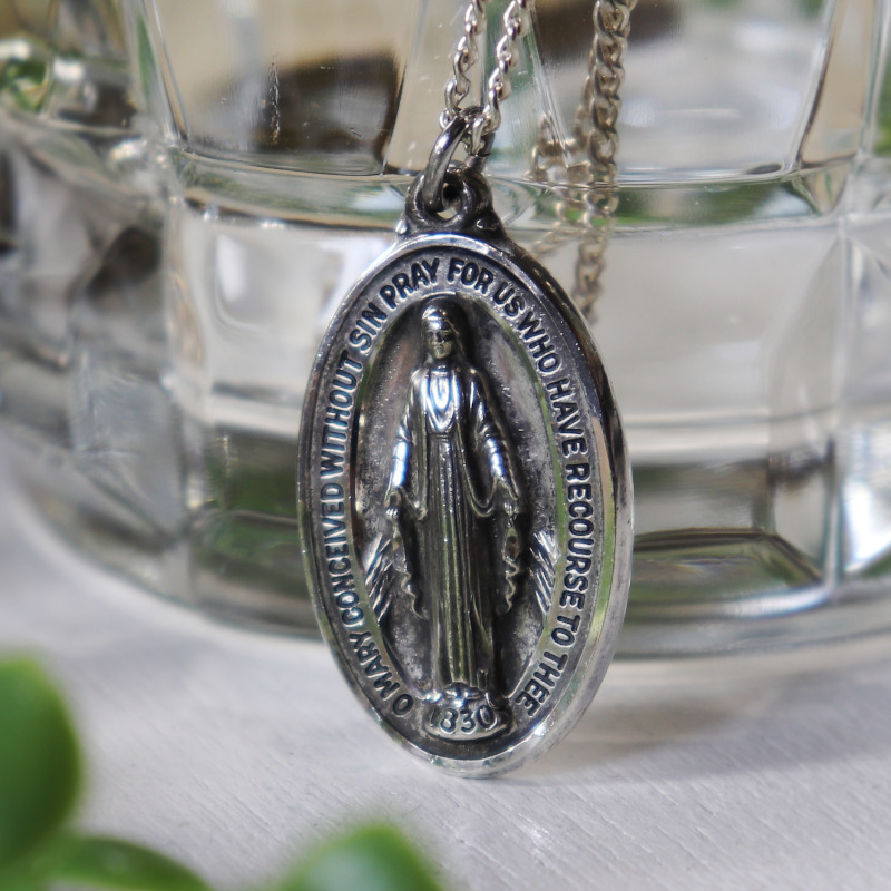 USAヴィンテージ不思議のメダイ聖母マリアのペンダントネックレスSTERLING SILVER