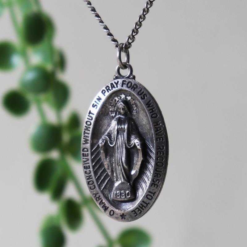 USAヴィンテージ不思議のメダイ聖母マリアのペンダントネックレスSTERLING SILVER