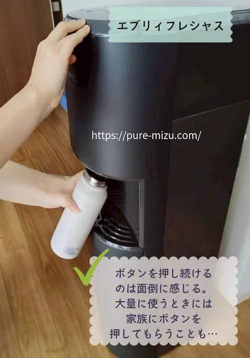 浄水型ウォーターサーバー・エブリィフレシャストールのボタンを押しながら水を水筒に入れる様子