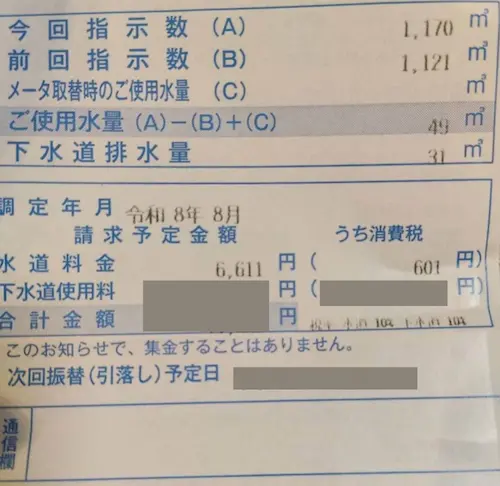 エブリィフレシャストールを利用した家庭の水道料金6,611円の明細