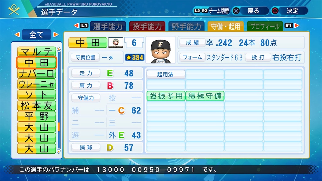 中田翔(2020) 【パワプロ2020 パワナンバー】 - fkdm8のパワプロ日記