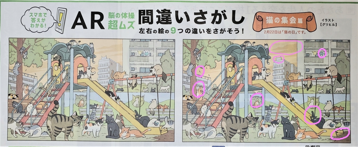 追記あり 日経新聞21年2月21日付 Ar脳の体操 超ムズ 間違いさがし 猫の集会 篇 今回もコンプリートならず 集中力が落ちてきたかも F335 ミミコログ
