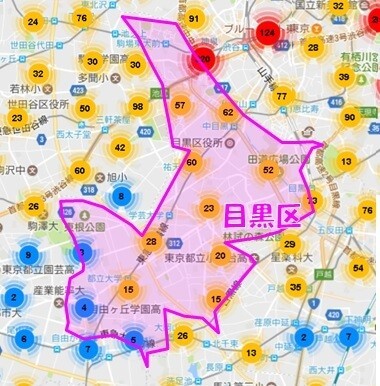 Airbnb登録物件の分布(目黒)