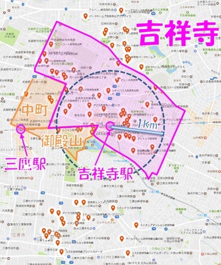 マンション名に「吉祥寺」が含まれる物件の分布図