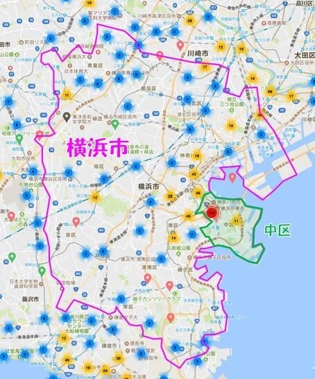 横浜市内のAirbnb登録物件の分布図
