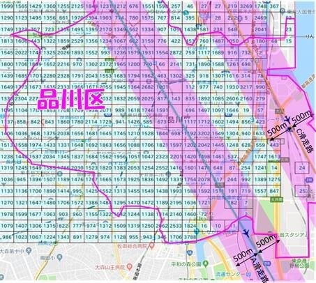 品川区の人口のメッシュデータに羽田新ルートを重ねた図