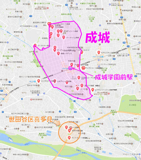 マンション名に「成城」が含まれる物件の分布図