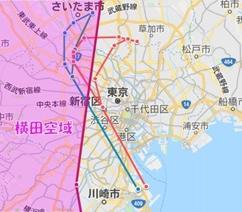 羽田新ルートに横田空域を可視化(グーグルマップ)