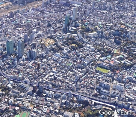 C滑走路到着ルート高度500mからの白金高輪駅周辺