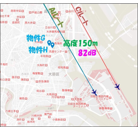 大田区内の物件G(1.2km)と物件H(1.1km)の配置