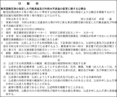 航空法に基づく東京国際空港の円錐表面及び外側水平表面の変更に関する公聴会の公示