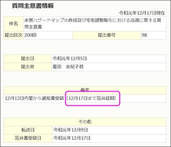 12月17日まで答弁延期