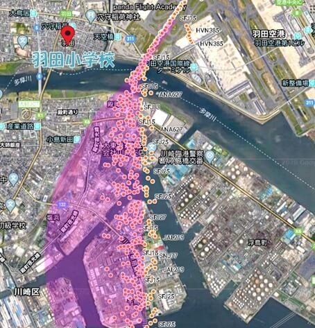 川崎区周辺を拡大した衛星画像に飛行経路