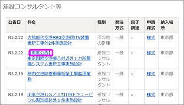 国交省東京航空局の入札公告一覧