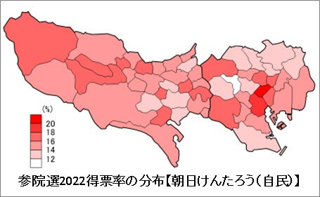 参院選2022得票率の分布【朝日けんたろう(自民)】