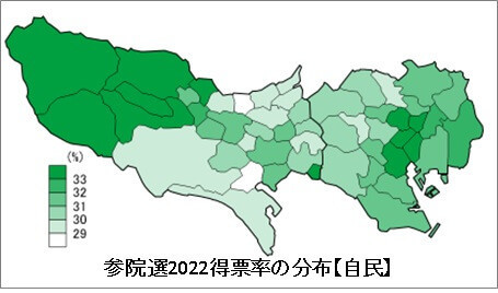 参院選2022得票率の分布【自民】