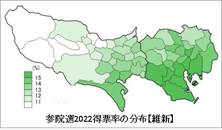 参院選2022得票率の分布【維新】
