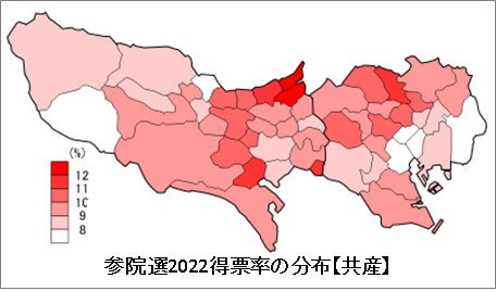 参院選2022得票率の分布【共産】