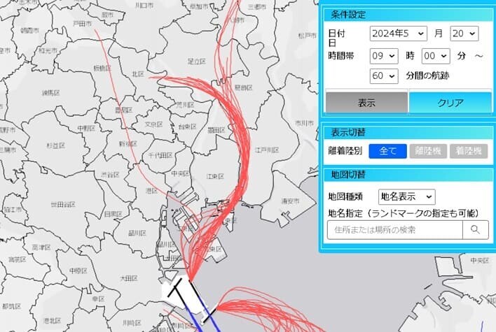 国交省が運営しているサイト「羽田空港飛行コース」の航跡図