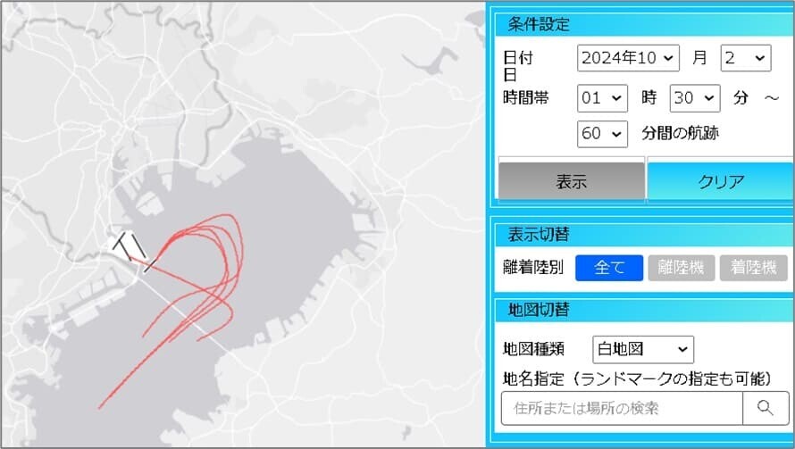 10月2日深夜2時前後の航跡図