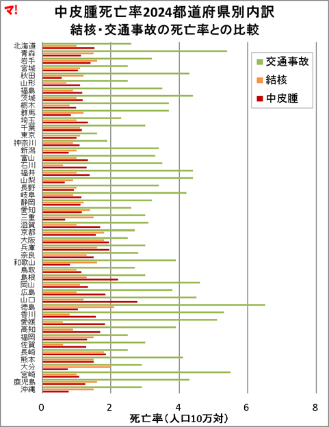 中皮腫死亡率2024都道府県別内訳 結核・交通事故の死亡率との比較
