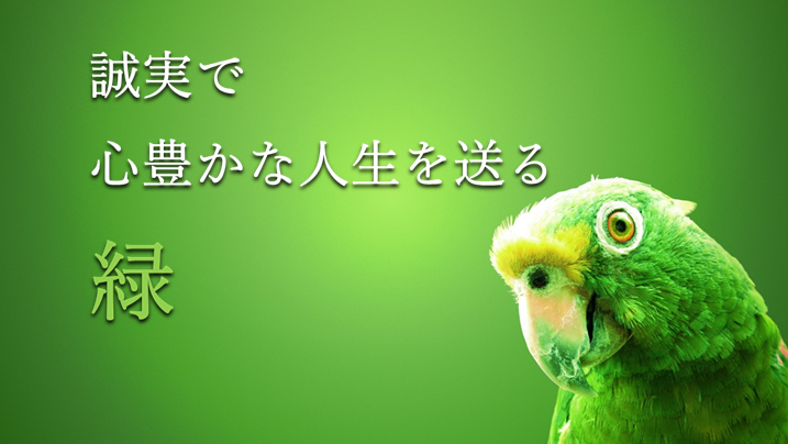 緑色の背景に緑のオウムがつぶらな瞳で小首小首をかしげてこちらを見ている