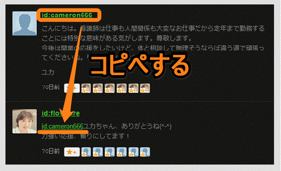 返信欄の文頭にコメントをくれた相手のはてなidをコピペして返信を書いた図の説明