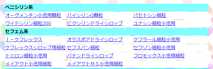 ペニシリン系とセフェム系の小児薬の一覧