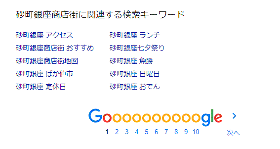 「砂町銀座商店街」Google検索1ページ目に表示される関連キーワードのキャプチャ