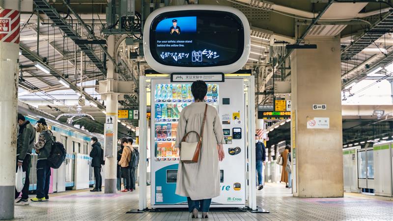 自動販売機上に設置されたエキマトペの筐体を駅利用者が見上げている。以下詳細：エキマトペには、画面上部3分の2の左半分に「For your safety, please stand behind the yellow line.」のアナウンスが手話と字幕で表示されている。手話で話す人の背景は青。画面下部には、「ピポンピポン」というオノマトペが表示されている。
