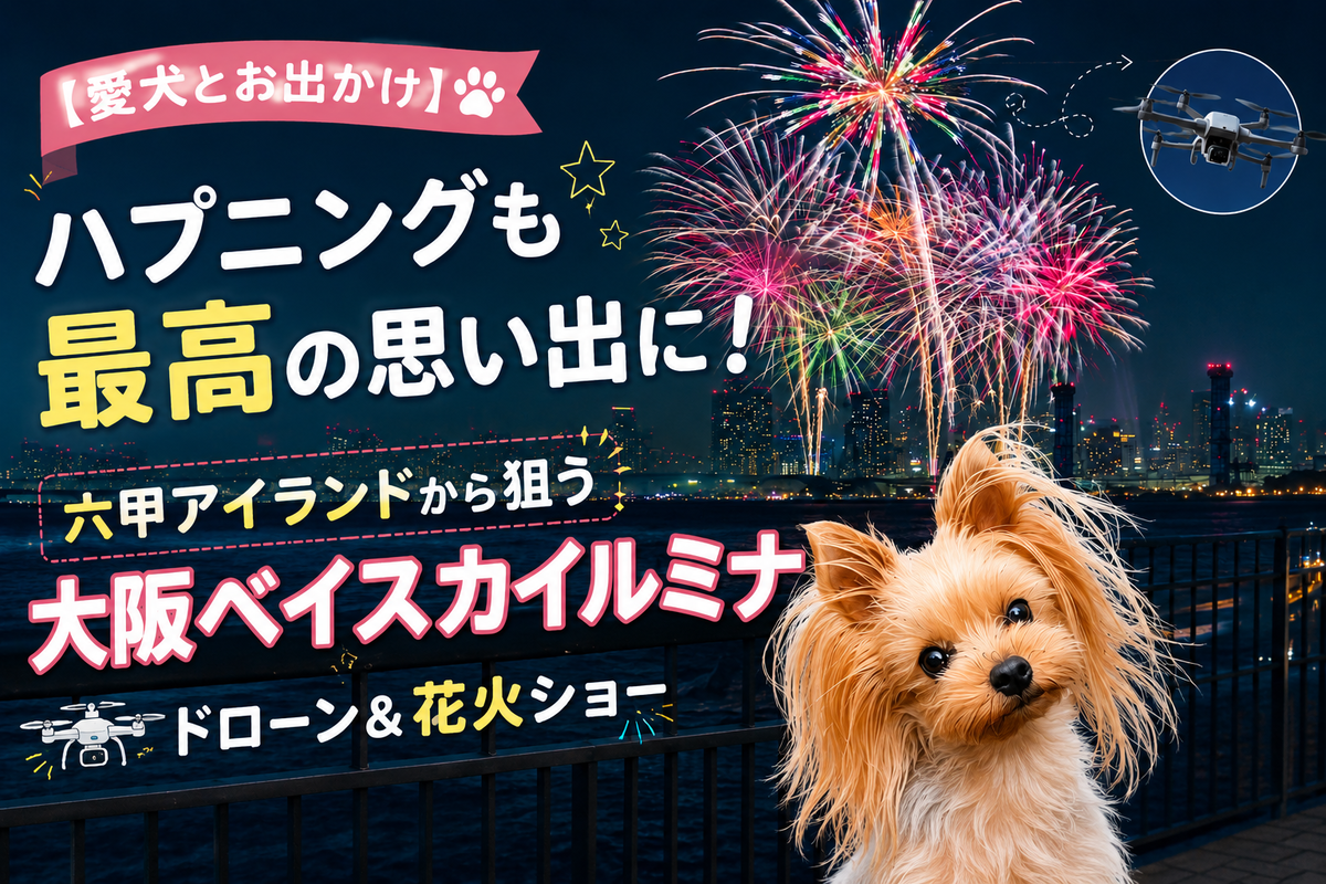 【愛犬とお出かけ】ハプニングも最高の思い出に！六甲アイランドから狙う大阪ベイスカイルミナ（ドローン＆花火ショー）