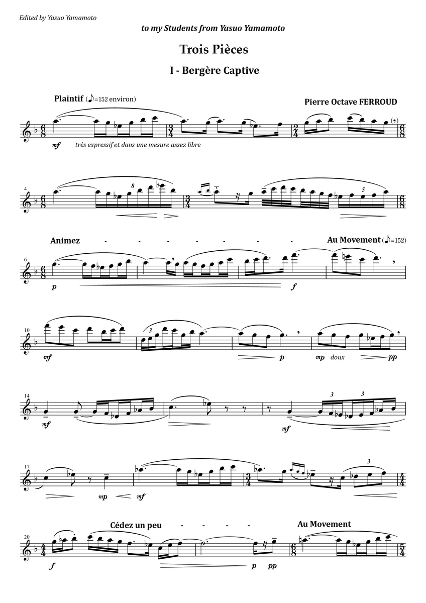 Ferroud Trois Pieces I. Bergere Captive フルート上達の秘伝